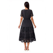 PRETTYGARDEN Women's V-Neck A-Line Midi Dress, Embroidered, Elastic Waist, Short Sleeve, Black, Sizes S-XXL
