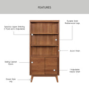 Better Homes & Gardens BH6525004710002 Greyson Bookcase, Mid-Century Modern Style, Acorn Finish, Rubberwood Legs, Adjustable Shelves, Sliding Door Cabinet