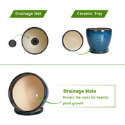 Ordivic 8 Inch Blue Ceramic Planter with Reactive Glaze, Drainage Hole, and Matching Saucer