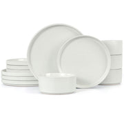 Vesteel 12-Piece Dinnerware Set for 4, Premium Stoneware Ribbed Speckled White Plates and Bowls, Chip and Scratch Resistant, Microwave and Dishwasher Safe