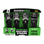 Rhino USA TD-RS1BLK-W Medium Duty 1in x 15ft Ratchet Straps with Safety Clip Hooks and Padded Handles, Black