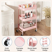 ZUNMOS 3 Tier Utility Rolling Cart, Metal Mobile Storage Cart with Lockable Caster Wheels, Pink - Movable & Lockable