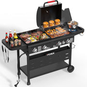 Tcisa Gas Grill and Griddle Combo, 50,000 BTU, 702 sq in Cooking Space, 5 Burners, Non-Stick Porcelain Enamel Grates, Black