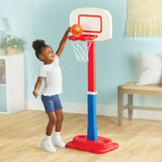 Play Day Adjustable Basketball Goal, Height 36 to 44 in, Built-In Ball Storage, Durable Plastic, Pre-Attached Net, Blue Red White
