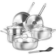 Koch Systeme CS 10 Piece Stainless Steel Cookware Set with Tempered Glass Lids, Oven Safe, Induction Compatible, Silver Finish, 98551