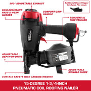 Hyper Tough CRN45V Pneumatic Coil Roofing Nailer, 15-Degree, 11-Gauge, 1-3/4-Inch Nails, Black and Red