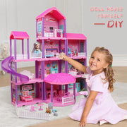 Huge Wave Dollhouse Playset, 36 Inch Four-Story, 11 Large Furnished Rooms, Pink, Includes Articulated Doll Figures and Warm Lighting, 19011-1A