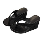 International Selection Womens Platform Wedge Sandals, Slip On Thong Heel, Cushioned Footbed, Black, Wide Fit