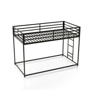 Furniture of America Veric Kids Twin Over Twin Low Profile Bunk Bed, Black Metal Frame, Noise-Reduction Slats, Reversible Ladder