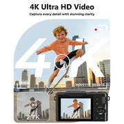 Keculbo Digital Camera, 4K UHD Video, 64MP Photos, 18x Digital Zoom, Autofocus, 3-Inch Flip Screen, Black, Includes 32GB Micro SD Card, DC060-NBUS06