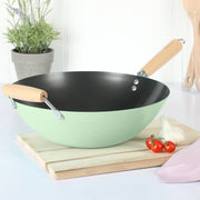 Martha Stewart Everyday Clarkston 14-Inch Sage Carbon Steel Wok with Nonstick Interior and Beech Wood Handles