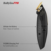 BaBylissPRO LithiumFX Gold Hair Clipper, Cord/Cordless, 5-Position Taper Control, Gold Titanium Tri-Blade, 2-Hour Lithium-Ion Battery, Ergonomic Grip, Black Gold, FX673NS