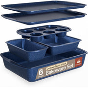 Bakkenmaster 6-Piece Stackable Carbon Steel Bakeware Set with Blue Marble Non-Stick Coating, Oven Safe up to 450F