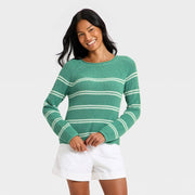 A New Day 94822255 Women's Knit Pullover Sweater, Green Cream Striped, Long Sleeve, Mid Length