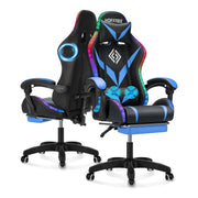 Hoffree PU Leather Office Chair with Footrest and LED Lights, Black+Blue