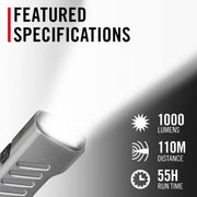 Coast Slayer Red Rechargeable LED Flashlight, 1000 Lumens, Dual Optic System, Magnetic Mount, Five Light Modes, USB-C Fast Charging, Aluminum Body, Black, 31014