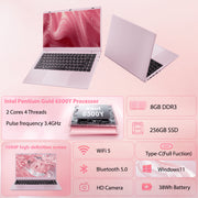 RNRUO 14in Pink Ultrabook Laptop, Intel Pentium Gold 6500Y 3.4GHz, 8GB DDR3 RAM, 256GB SSD, FHD IPS Display, Windows 11, Office 2024, WiFi 5, Bluetooth 5.0