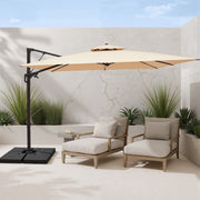 FUNDAZE 10x10ft Cantilever Patio Umbrella, Square UV Resistant Waterproof Polyester Canopy, Crank Opening, Beige with Cross Base Stand