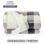 Sunbeam Electric Heated Throw Blanket, Neutral Plaid, Super Soft Microplush, 4 Heat Settings, Oversized 60x80