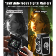 ITwano CHUZHAO Vintage Mini Digital Camera, 12MP, 1080P FHD Video, Autofocus, 16GB Card, Black - Portable TLR Style