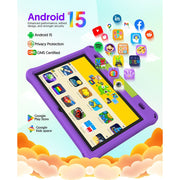 FITIFUN Kids Tablet M10, 10.1 Inch HD Display, Android 15, Quad-Core Processor, 12GB RAM, 64GB Storage, 1TB Expandable, 6000mAh Battery, Purple