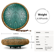 Lidguni Steel Tongue Drum, 13-Inch, 15-Notes Tuned to C Major, Green, Carbon Steel Frame