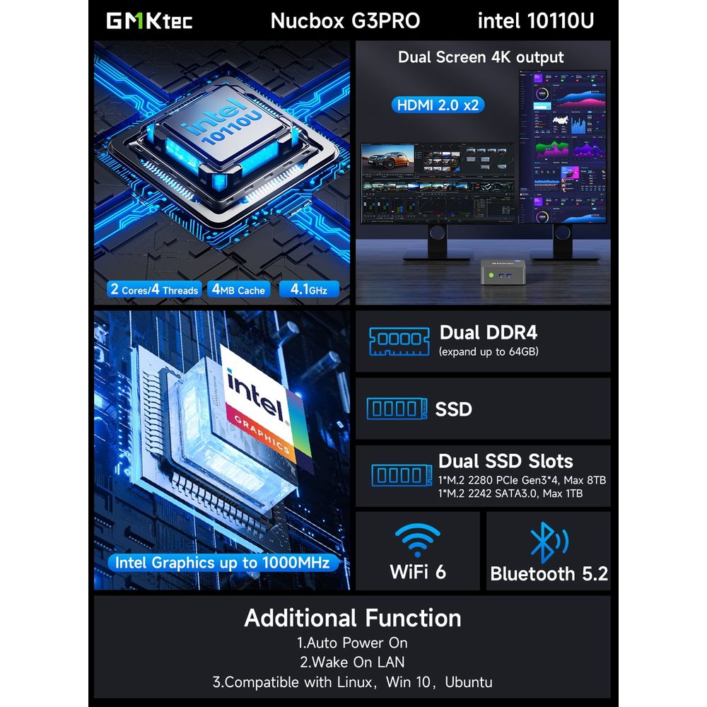 GMKtec NucBox G3 Pro Mini PC, Intel Core i3-10110U up to 4.1GHz, 16GB ...