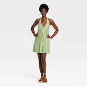 Universal Thread Women's Floral Mini Sundress, Rayon-Linen Blend, Halter Neckline, Side Pockets, Green, L