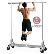 Sakugi Heavy-Duty Stainless-Steel Clothes Rack with Mesh Shelf, Lockable Swivel Wheels, Anti-Slip End Caps, Silver