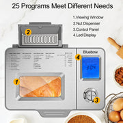 Bluebow 25-in-1 2LB Bread Machine with Auto Fruit/Nut Dispenser, Stainless Steel