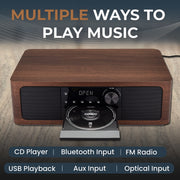 SoundBeast Stereo Shelf System, 7-in-1 Audio with CD Player, Bluetooth, FM Radio, USB Playback, Aux and Optical Inputs, Alarm Clock, Brown, CD25