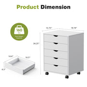 Gianna 5-Drawer Portable Storage Cabinet, Wheeled, White Wood, Minimalist Design