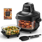 AIRMSEN Portable Glass Air Fryer with Dual Borosilicate Glass Bowls, 4.8QT and 1.3QT, 1500W, Adjustable Time and Temperature, 4 Preset Modes, Dishwasher-Safe, Black