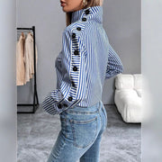 Elegantia Goods Blue Striped Button-Down Shirt for Women, Lightweight Polyester, Long Sleeve, Funnel Neck, Loose Fit