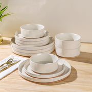 AmorArc Ceramic Dinnerware Set for 4, Speckled Stoneware Plates & Bowls w/Unglazed Terracotta, Beige, 12-Piece