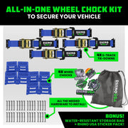 Rhino USA Wheel Chock Tie Down Kit, Heavy-Duty Over-the-Tire Design, 4 Ratchet Straps 4500lb Break Strength, 8 Wheel Chocks, Blue