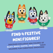 Moose Toys Bluey Mini Figures Christmas Advent Calendar, 24-Day Countdown with 4 Festive Mini Figures, 12 Accessories, Stickers, and Paper Standees