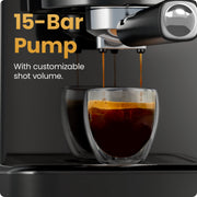 Chefman CraftBrew Espresso Machine, 15-Bar Pump, Digital Touch Controls, Steam Wand, 1.5L Removable Water Tank, Black Stainless Steel, RJ54-SS-15-D-BLK