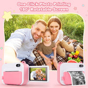 Aikidkit Kids Camera Instant Print, 2.4in Rotatable Flip Screen, 2MP CMOS Sensor, 1080p HD Video, Black-and-White Photo Printer, 32GB SD Card, Pink