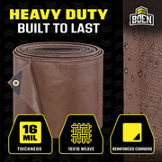 Boen Ultra Heavy-Duty Tarp, 20 ft x 30 ft, 16 Mil Thick Waterproof Brown Polyethylene BR16T-2030