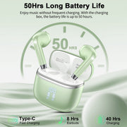 WeurGhy Wireless Bluetooth Earbuds, Noise Cancelling, Deep Bass Stereo, 50H Playtime, LED Display, IPX7 Waterproof, Green, W53