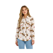 Wrangler Retro Bold Bucking Cowboy Western Snap Shirt for Ladies - Cream/Brown - XL