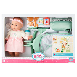 My Sweet Love Doll and Stroller Set, 12-Piece Pink Playset with Baby Doll and Accessories