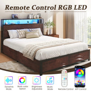 Fluest Queen Bed Frame with USB Port and LED Light, 2-Tier Storage Headboard, 4 Storage Drawers, Rustic Brown