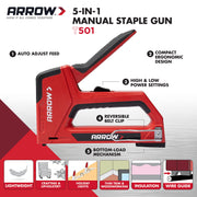 Arrow Fastener T501 5-in-1 Multi Tacker Manual Staple Gun, Adjustable Power, Compact, Black/Red