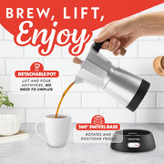 Gourmia Electric Moka Pot Espresso Maker, 3-6 Cup, 550W, Silver with Beech Handle, GMP1460