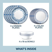 Corelle 1146924 Vitrelle Glass 12-Pc Dinnerware Set, Portofino