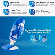 Water Tech Corp Pool Blaster Max Cordless Pool Vacuum, 60 Min Runtime, Omni-Directional Rollers, Rechargeable Handheld Cleaner, Blue, 30160ML