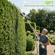 HOTREE 21V Cordless Pole Hedge Trimmer, 12ft Reach, 3-in-1 Foldable Hedge Shrub Trimmer and Grass Shear, Grey, Includes 2 x 2.0Ah Batteries and Charger