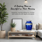 Americurn Eternal Blue Cremation Urn Set, Large Adult Urn with 4 Keepsake Urns and Memorial Necklace, Handmade Sand-Cast Design, Secure Screw-Top Lid, Deep Blue with Silver Accents, BLUE_5PA-NU
